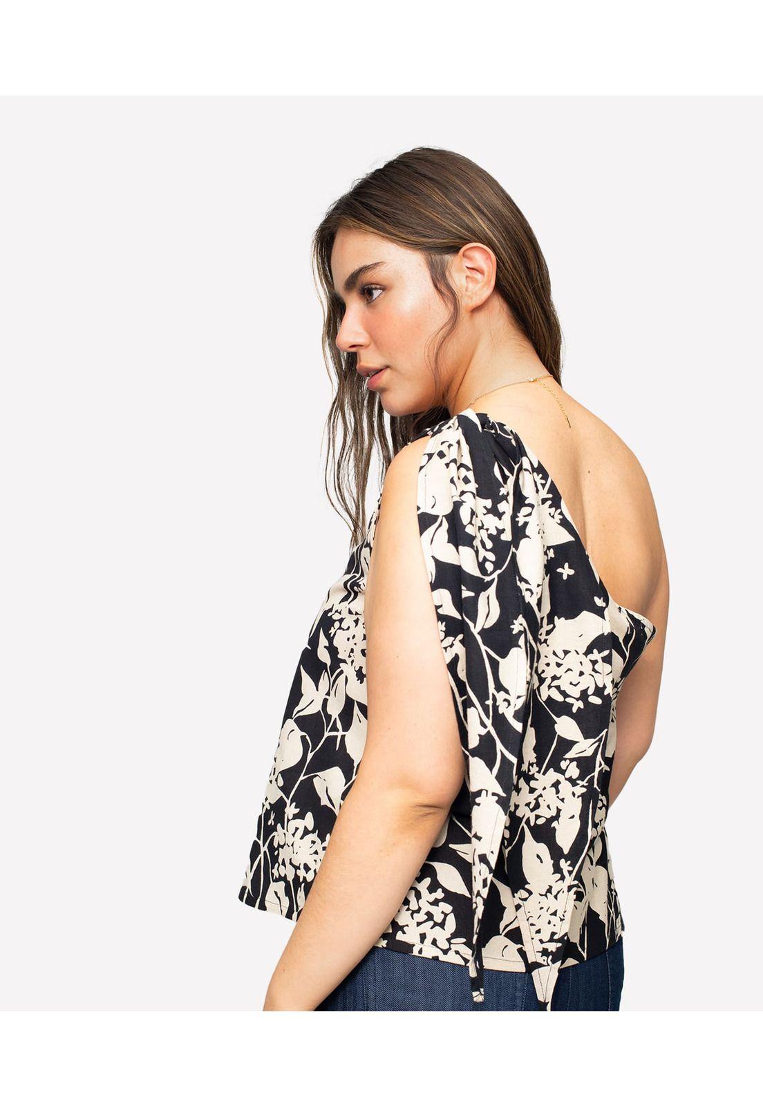 Blusa Beach People Un Hombro Abstract Black Flower Lounge-2