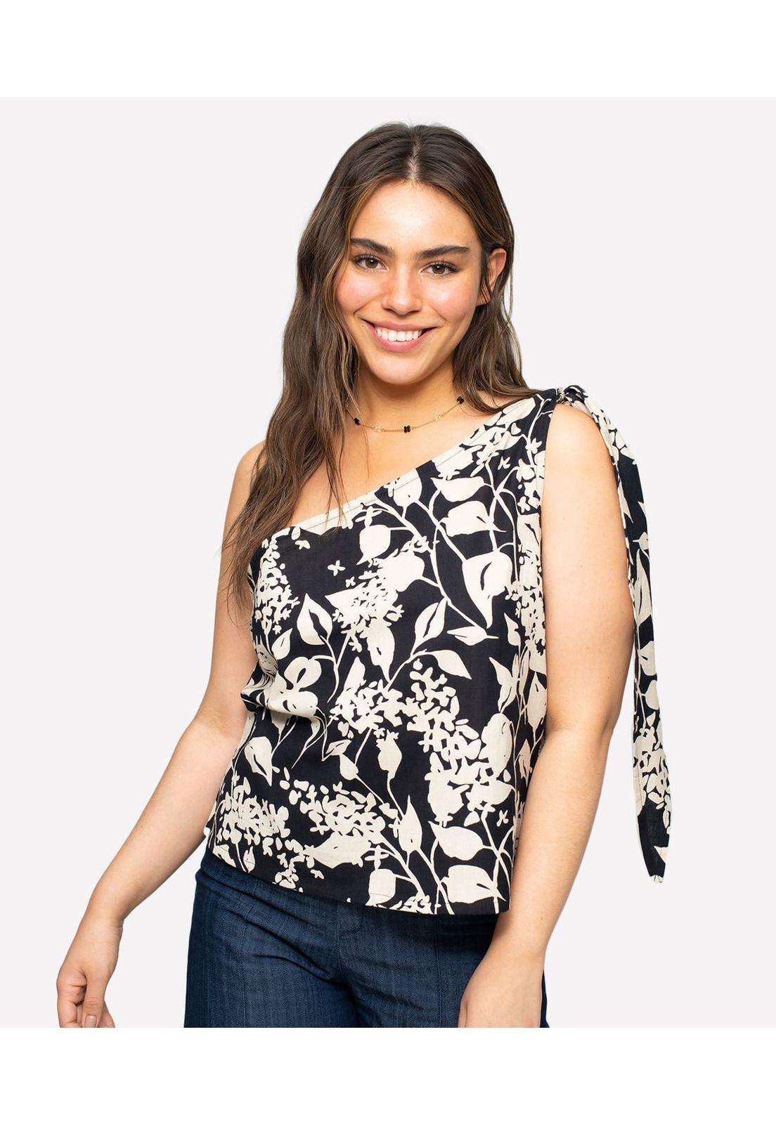 Blusa Beach People Un Hombro Abstract Black Flower Lounge-3