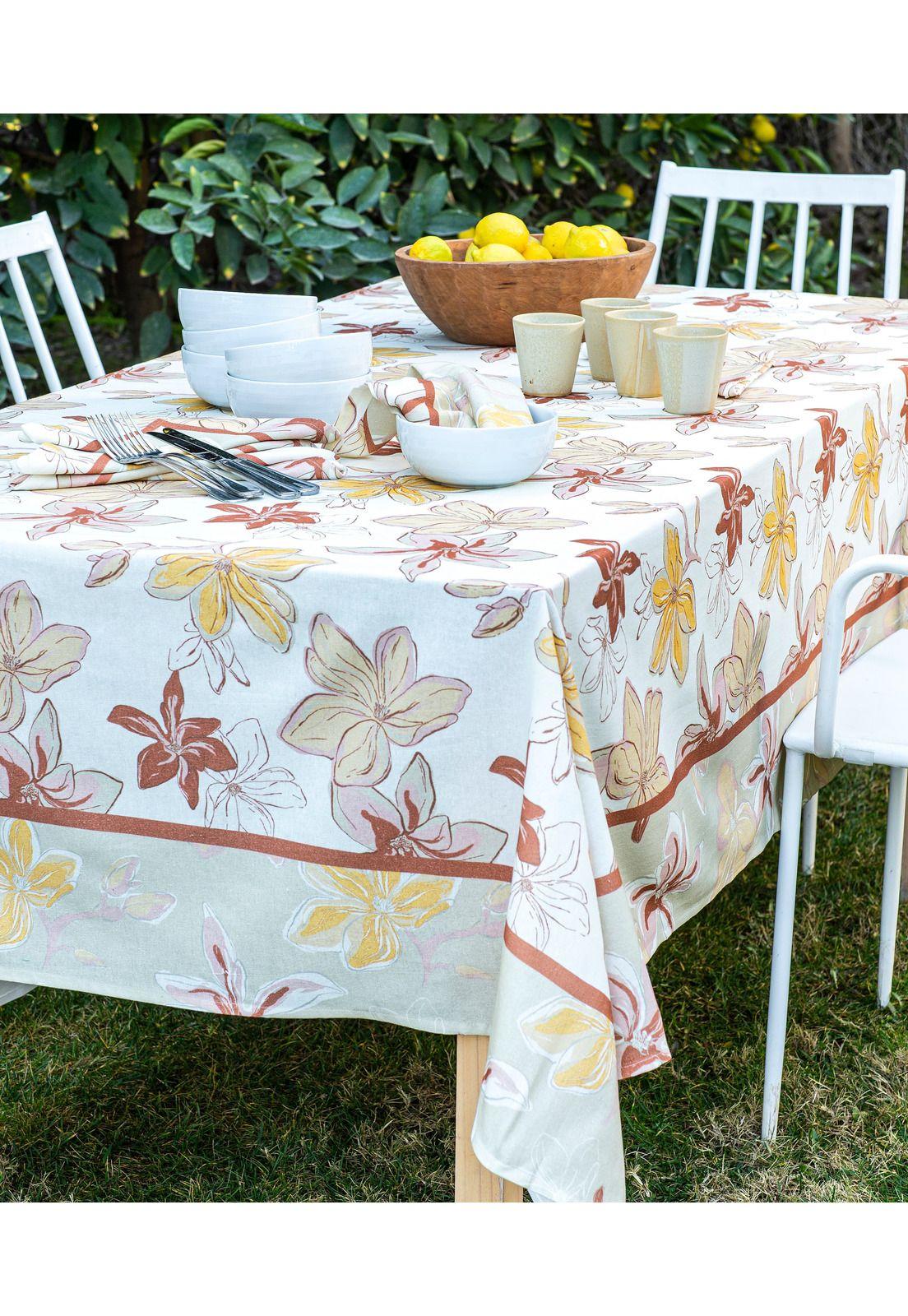 Mantel Flores Acuarela Diámetro 200 Cm Beige-2