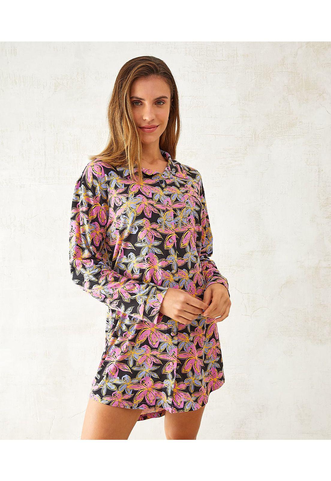 Camisa De Dormir Mujer Flores Negro M-0