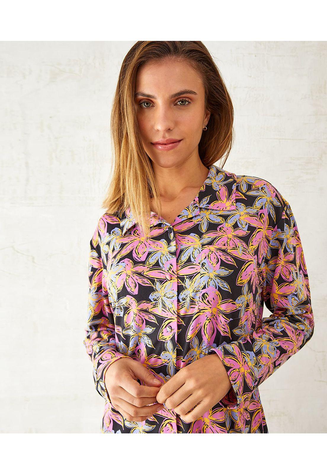 Camisa De Dormir Mujer Flores Negro M-2