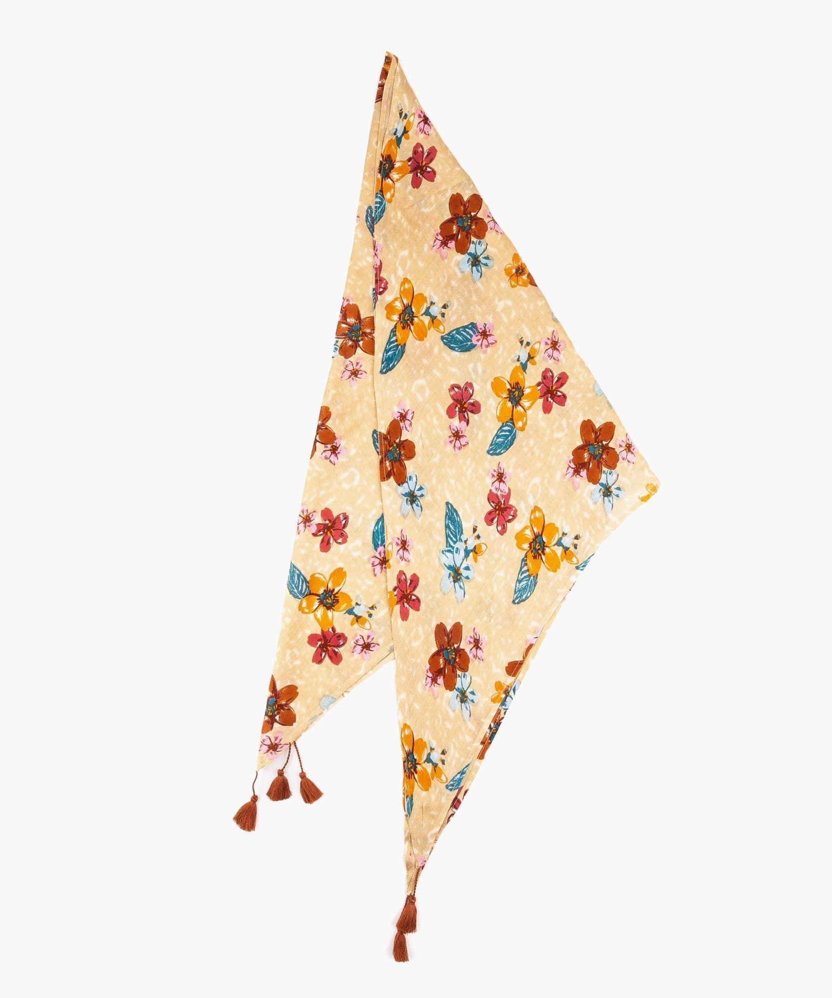 Pañuelo Mujer Triángulo Flores Beige-1