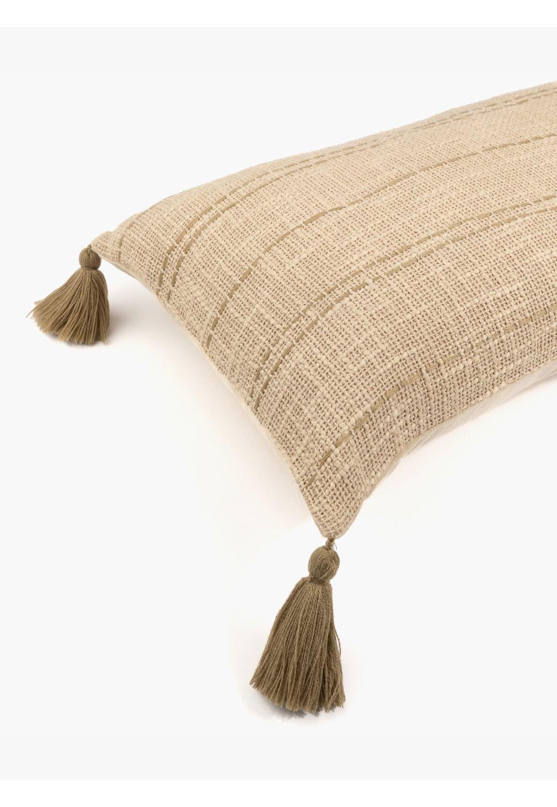 Cojín Con Líneas Bordadas Y Pompones Beige 30 x 60 cm-3