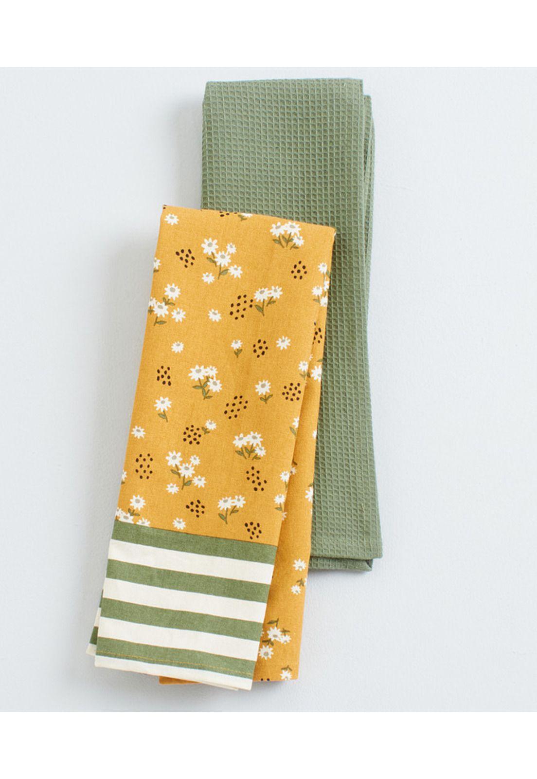 Set Paños De Cocina Mujer Lounge Flores Verde Y Amarillo-0