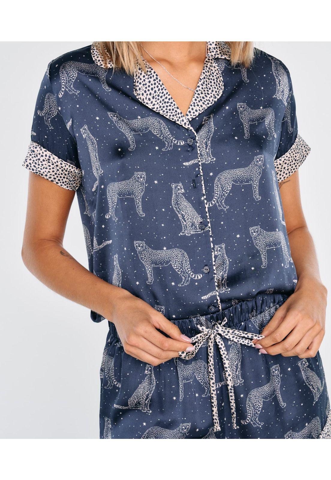 Set Pijama Mujer Corto Camisero Satín Azul-1