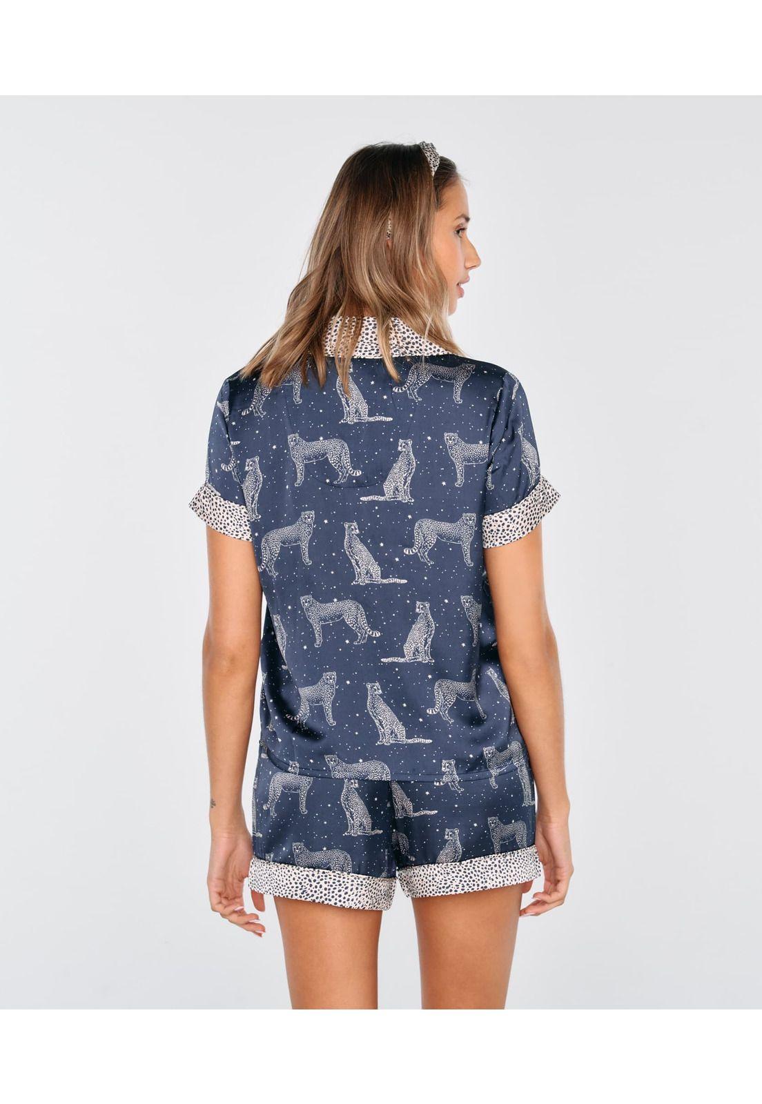 Set Pijama Mujer Corto Camisero Satín Azul-2