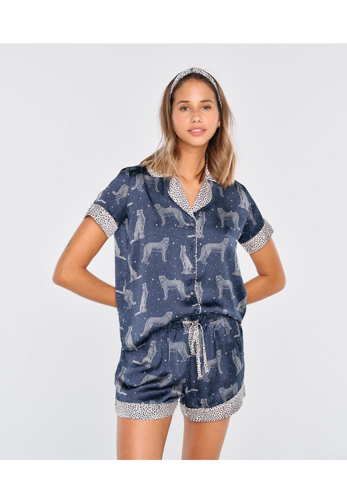 Set Pijama Mujer Corto Camisero Satín Azul-3