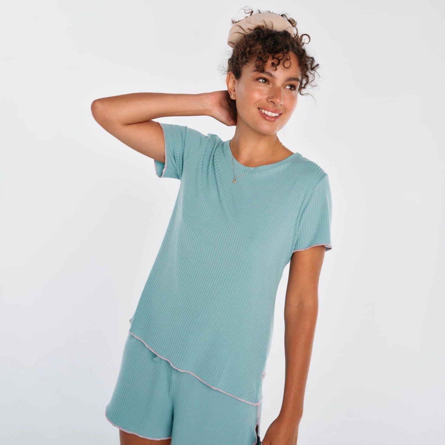 Pijama Mujer Corto Lineas L Turquesa-0