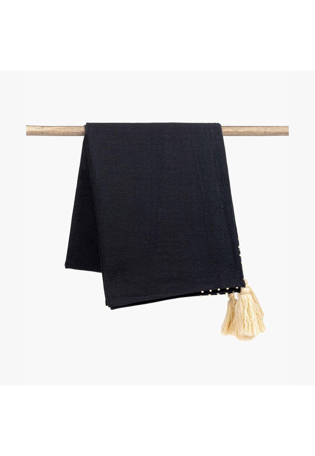 Manta Boho Algodón Pelotitas Negro-0
