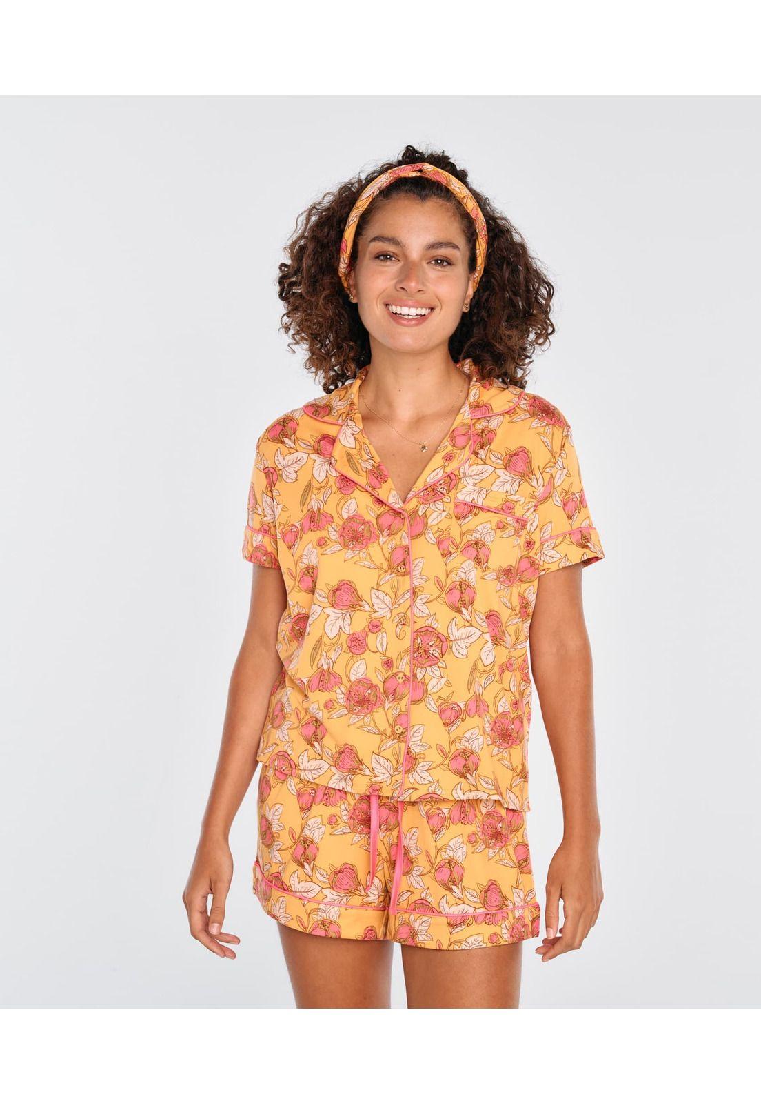 Set Pijama Mujer Corto Camisero Mostaza-0