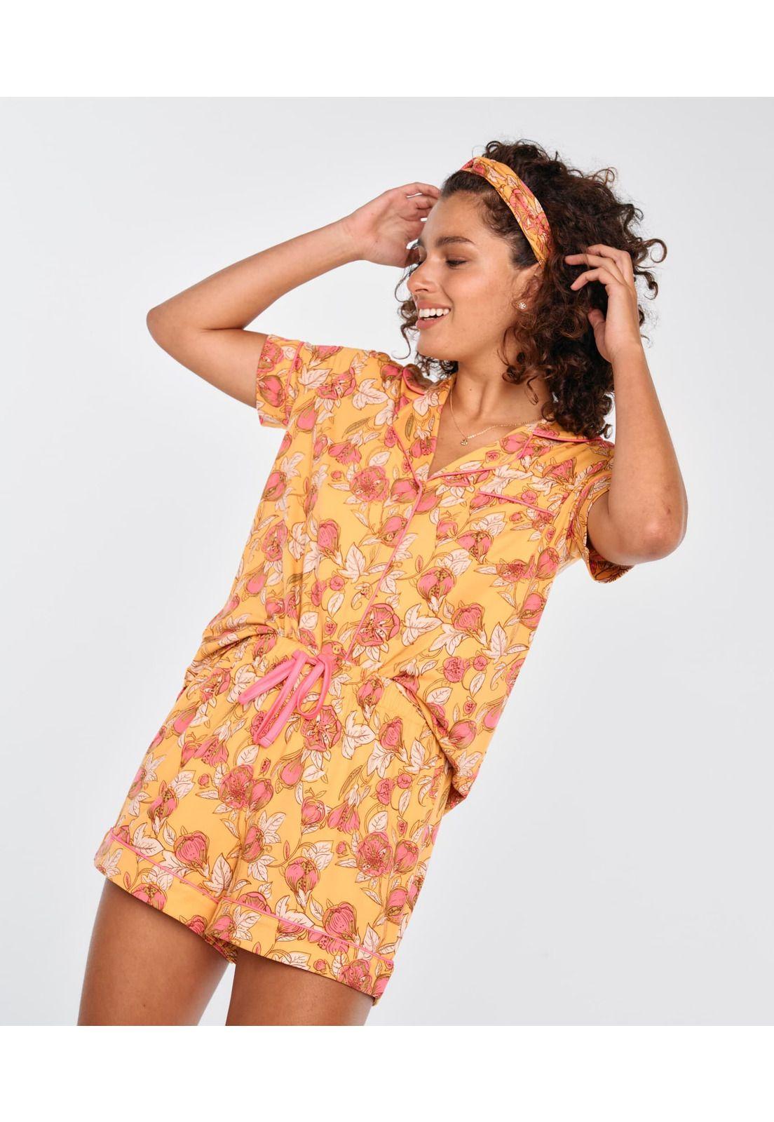 Set Pijama Mujer Corto Camisero Mostaza-3