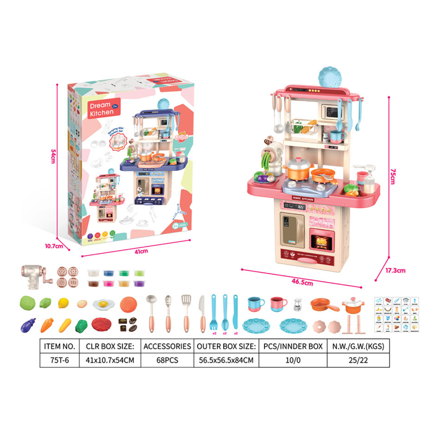Cocina De Juguete Nina 65cm Con Sonido Luz y Maquina Plastilina 68pcs-3
