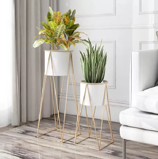Porta Macetero Pedestal Blanco y Dorado para Plantas-5
