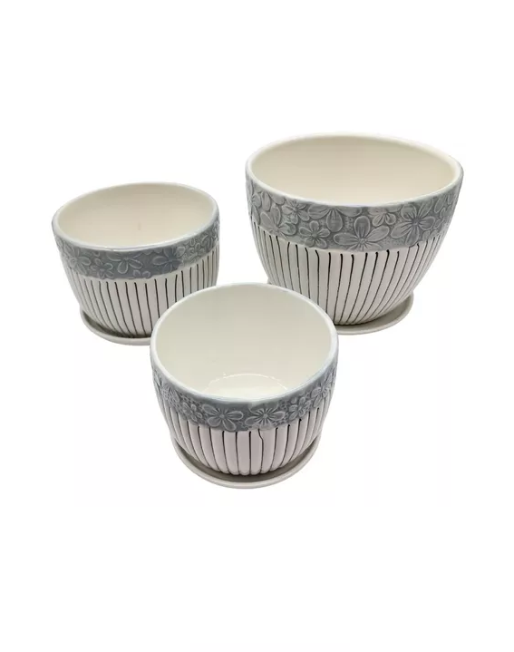 Set de 3 Maceteros Cerámica Blanca con Flores y Líneas-3