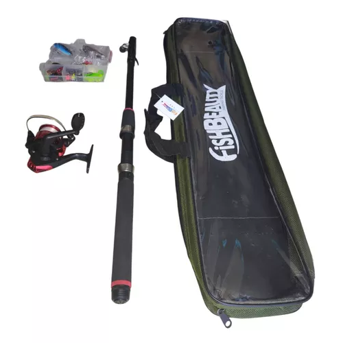 Set caña de pescar telescópica con accesorios y bolso negro-2