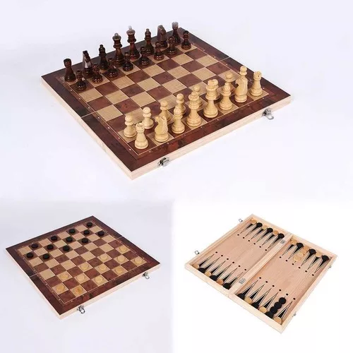 Tablero de ajedrez damas y backgammon 3 en 1 de madera 29 cm-3