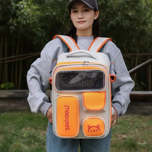 Mochila bolso plegable para mascotas perro y gato naranja-2