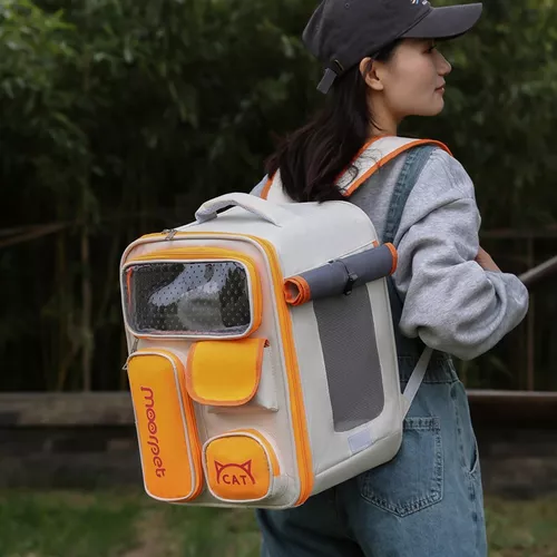Mochila bolso plegable para mascotas perro y gato naranja-3