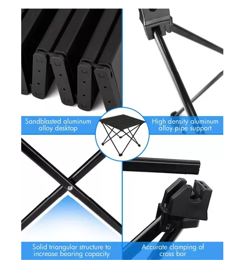 Mesa plegable de camping para paseo y evento con bolso portátil negro-3