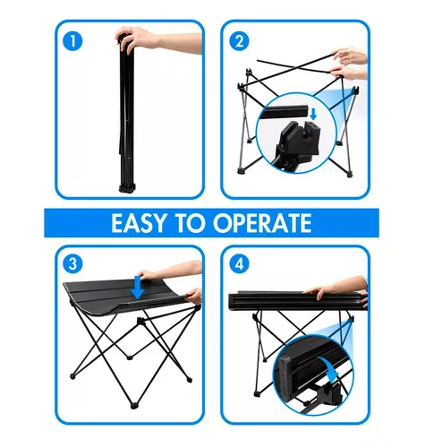 Mesa plegable de camping para paseo y evento con bolso portátil negro-4