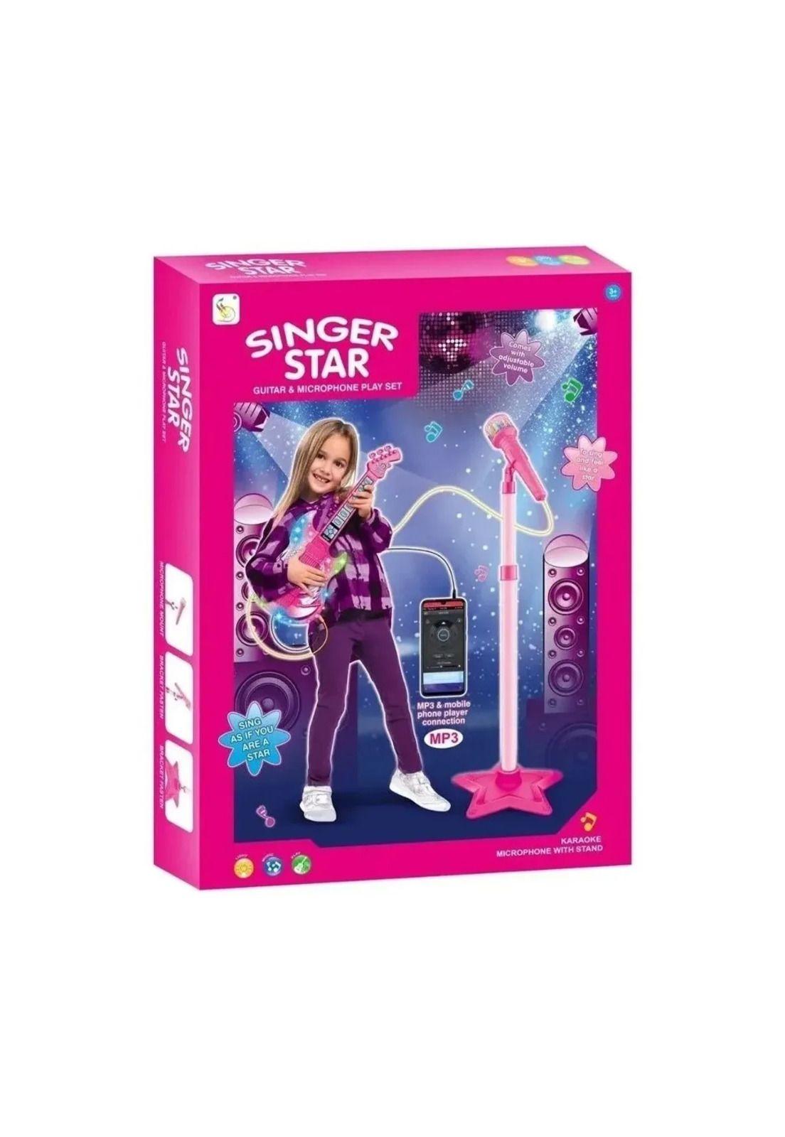 Guitarra musical de juguete con micrófono Rosada-0