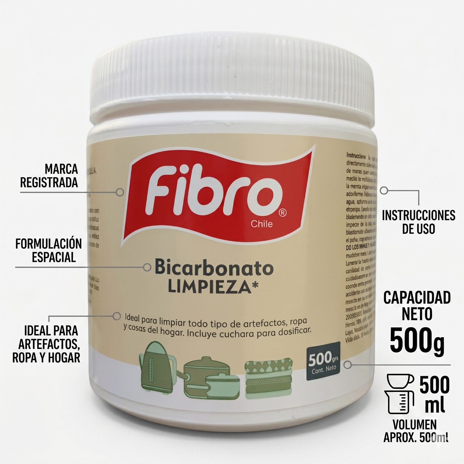 Bicarbonato Limpieza Fibro Chile 500g Multiusos-3