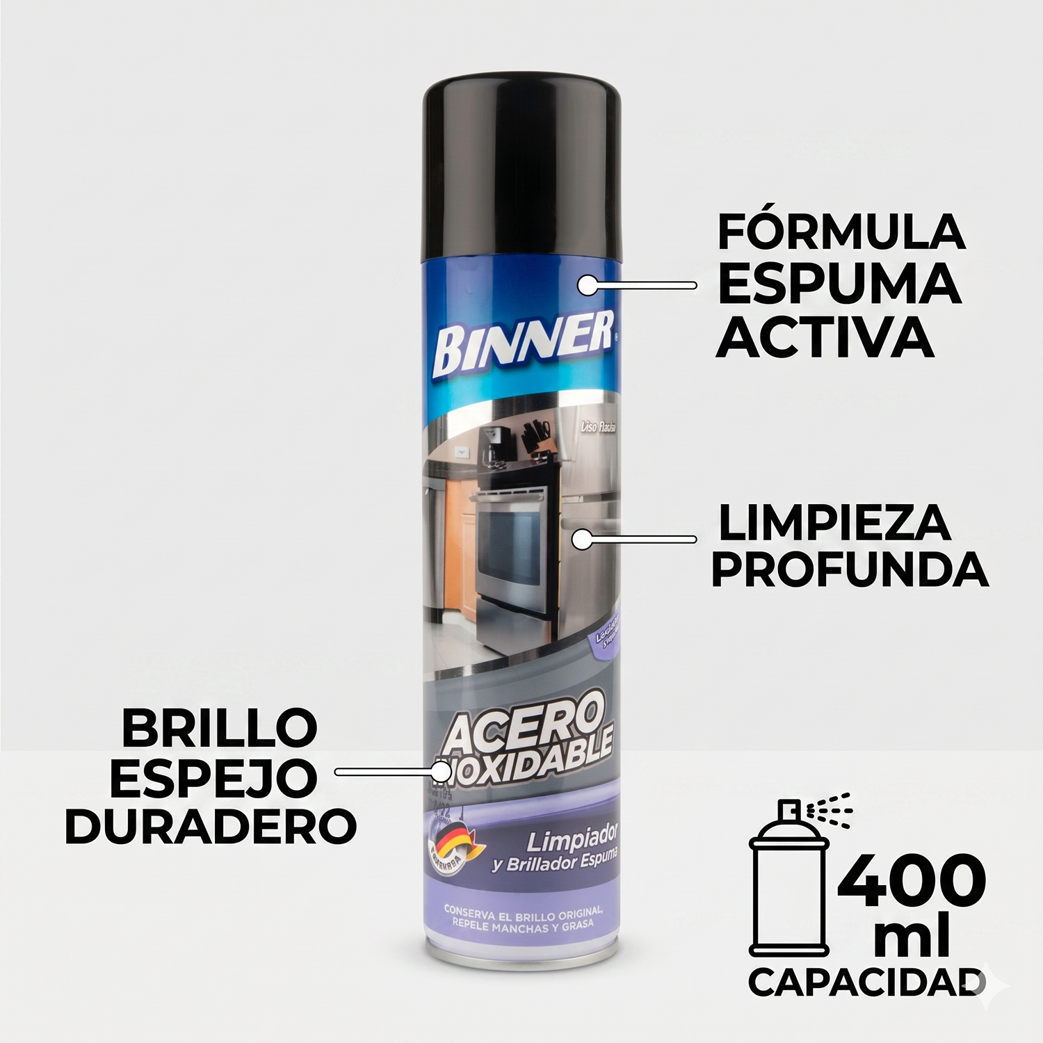 Limpiador y Brillador Binner Acero Inoxidable Espuma 400ml-3