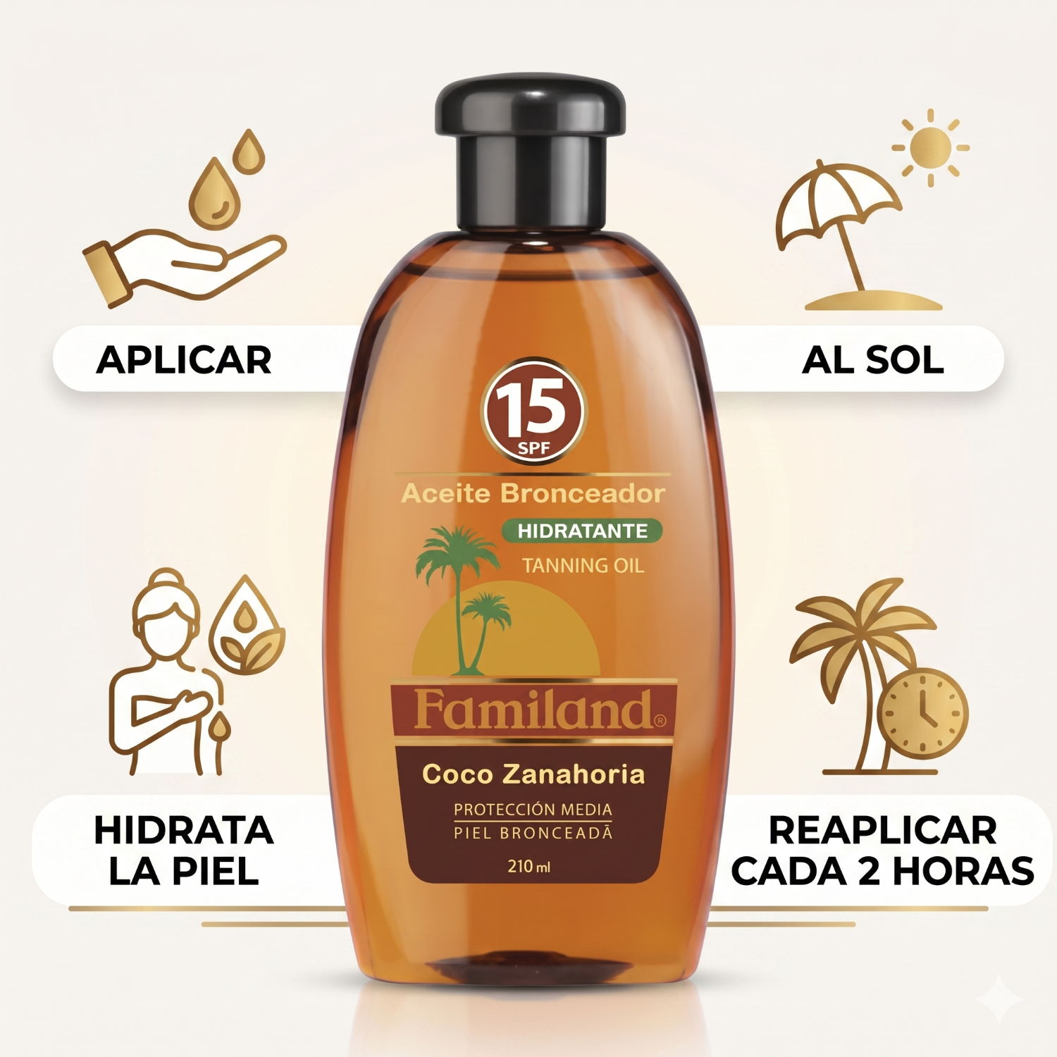 Bronceador Aceite Familand FPS15 Coco Zanahoria 210 ml-2