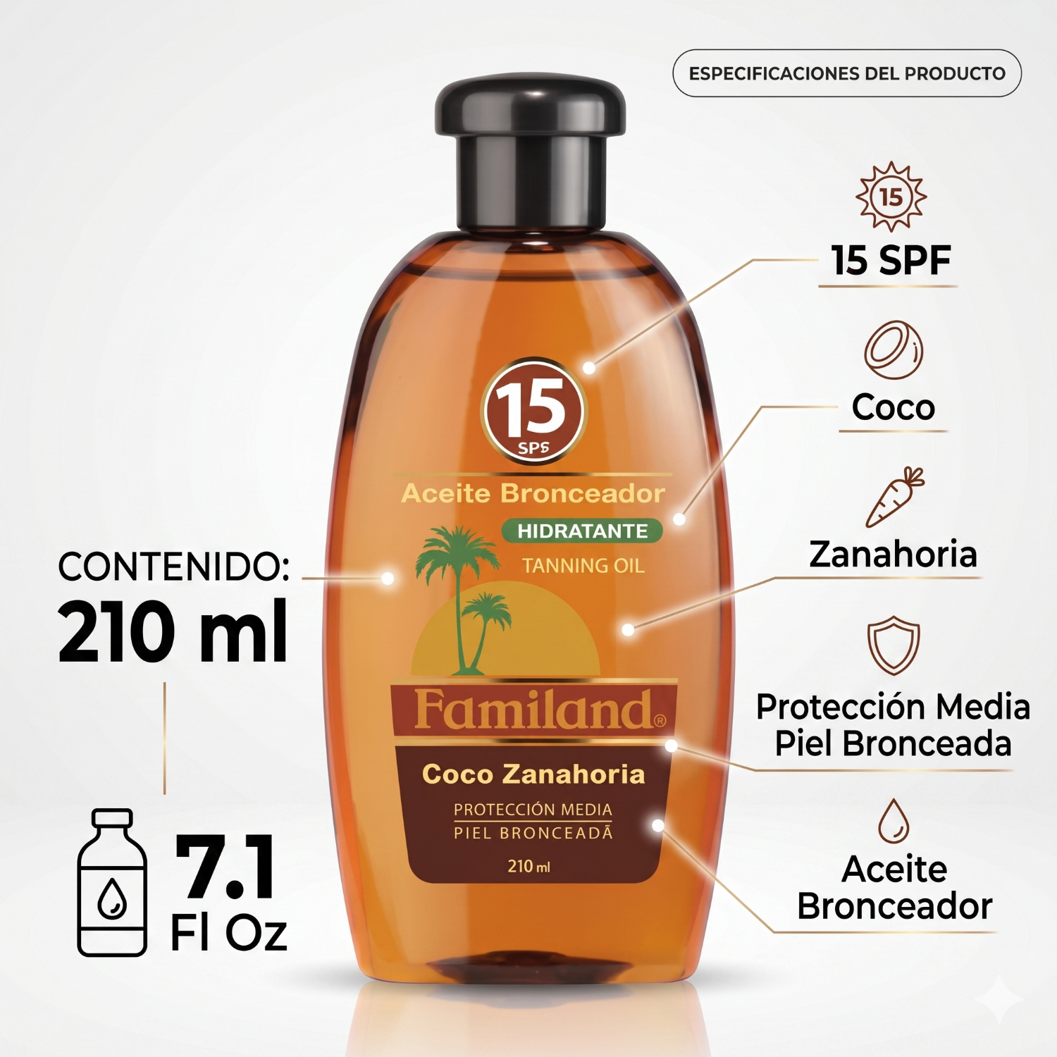 Bronceador Aceite Familand FPS15 Coco Zanahoria 210 ml-3