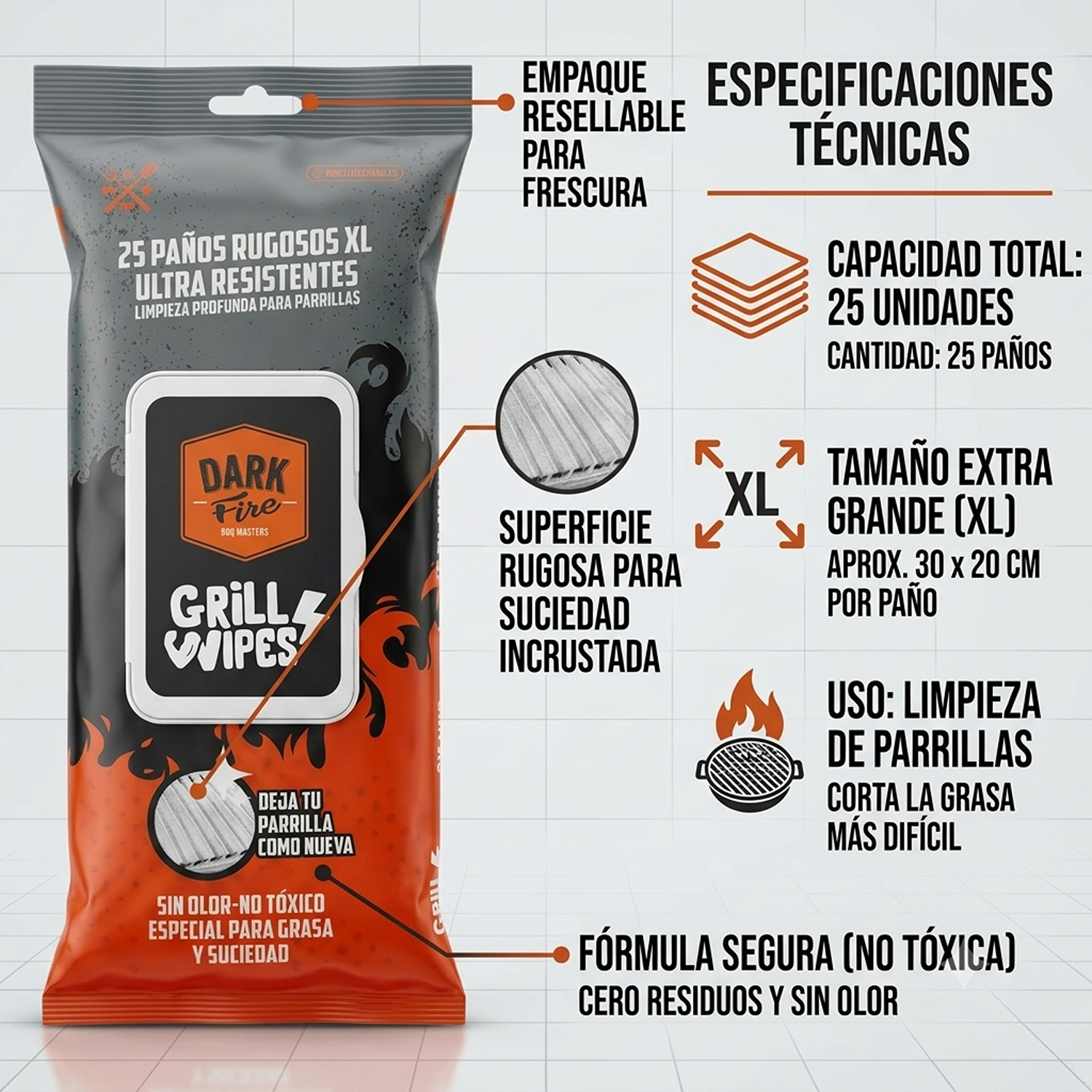 Paños Limpieza Parrilla Dark Fire Grill Wipes XL 25 Und-5