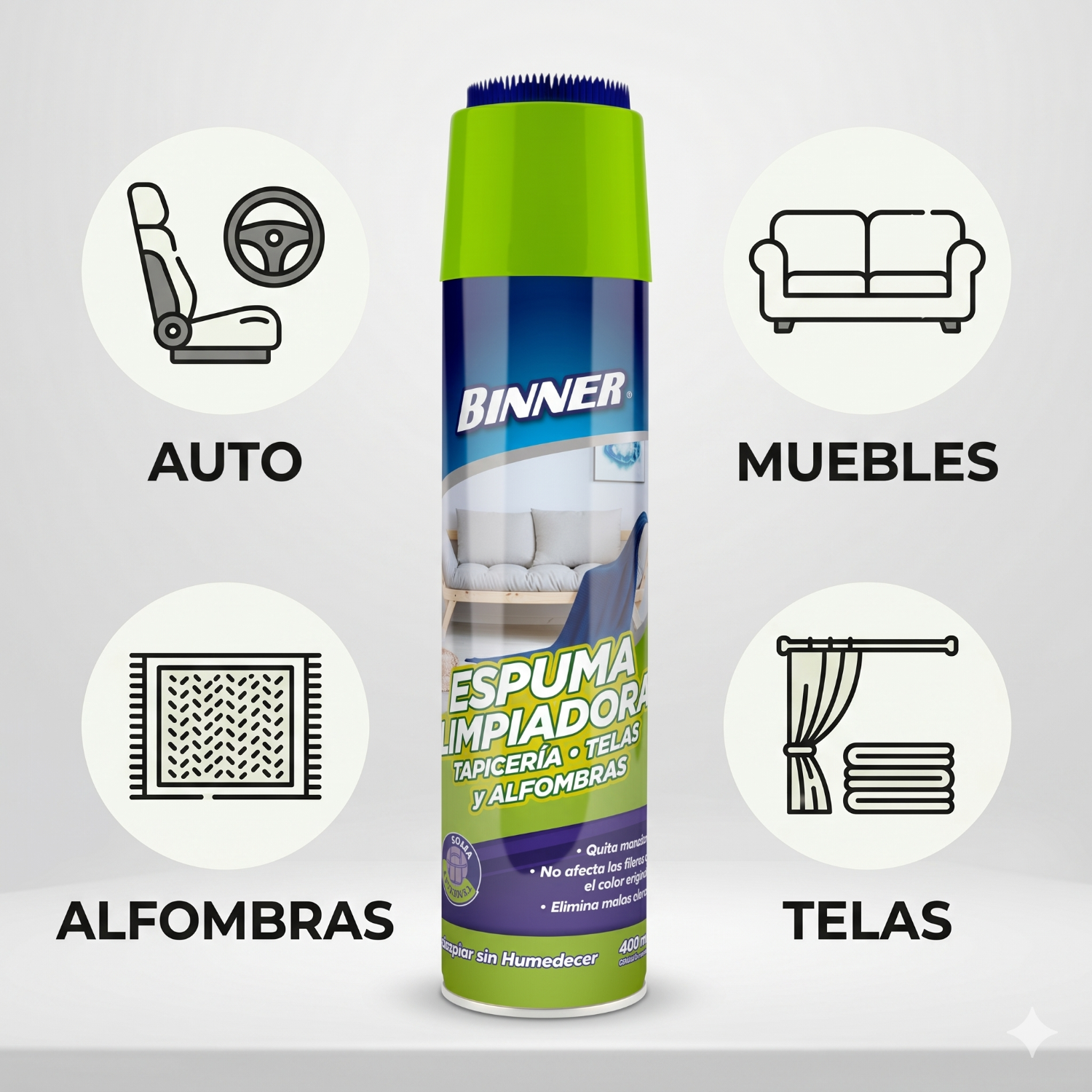 Limpiador Tapicería Telas Alfombras Binner Espuma 400ml-2