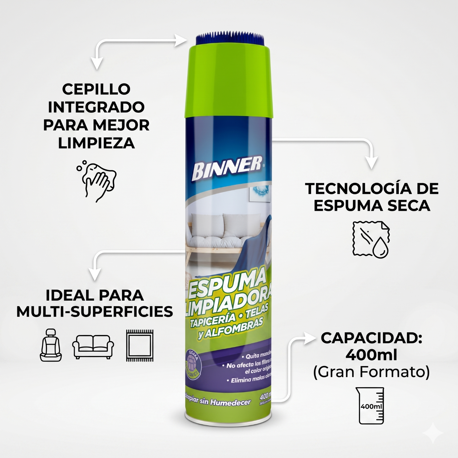 Limpiador Tapicería Telas Alfombras Binner Espuma 400ml-3