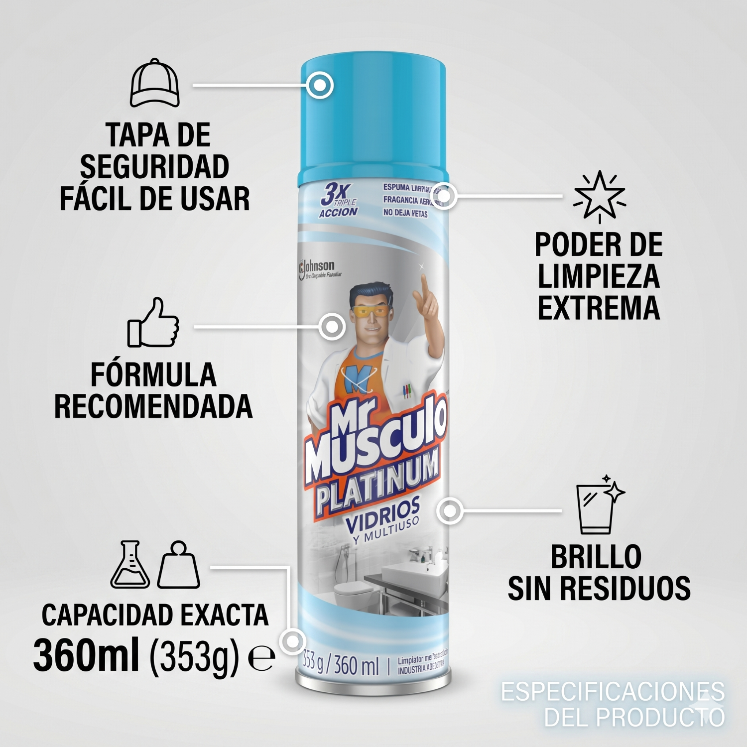 Mr Músculo Limpiavidrios Espuma 360ml Triple Acción-3