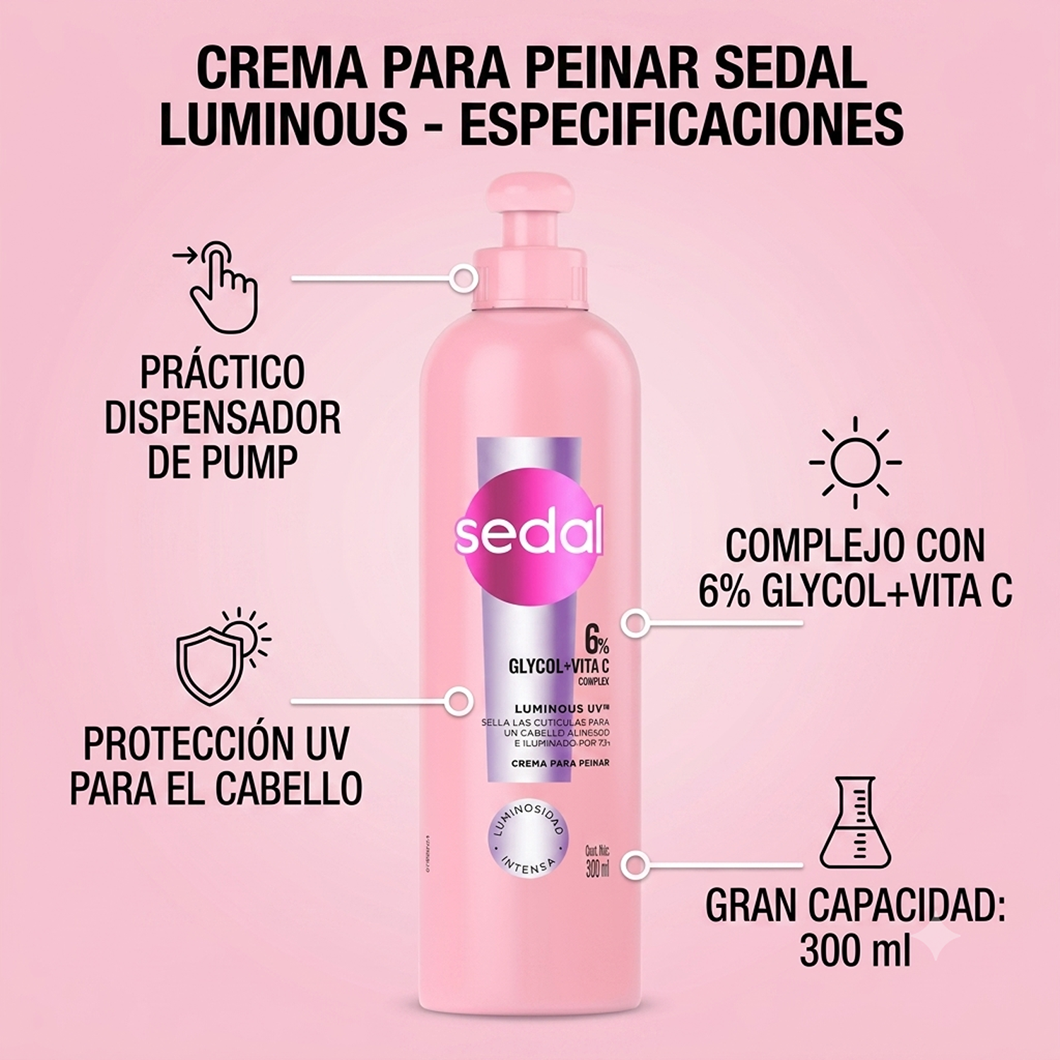 Crema Peinar Luminous Sedal 300ml Glycol Vitamina C Brillo-3