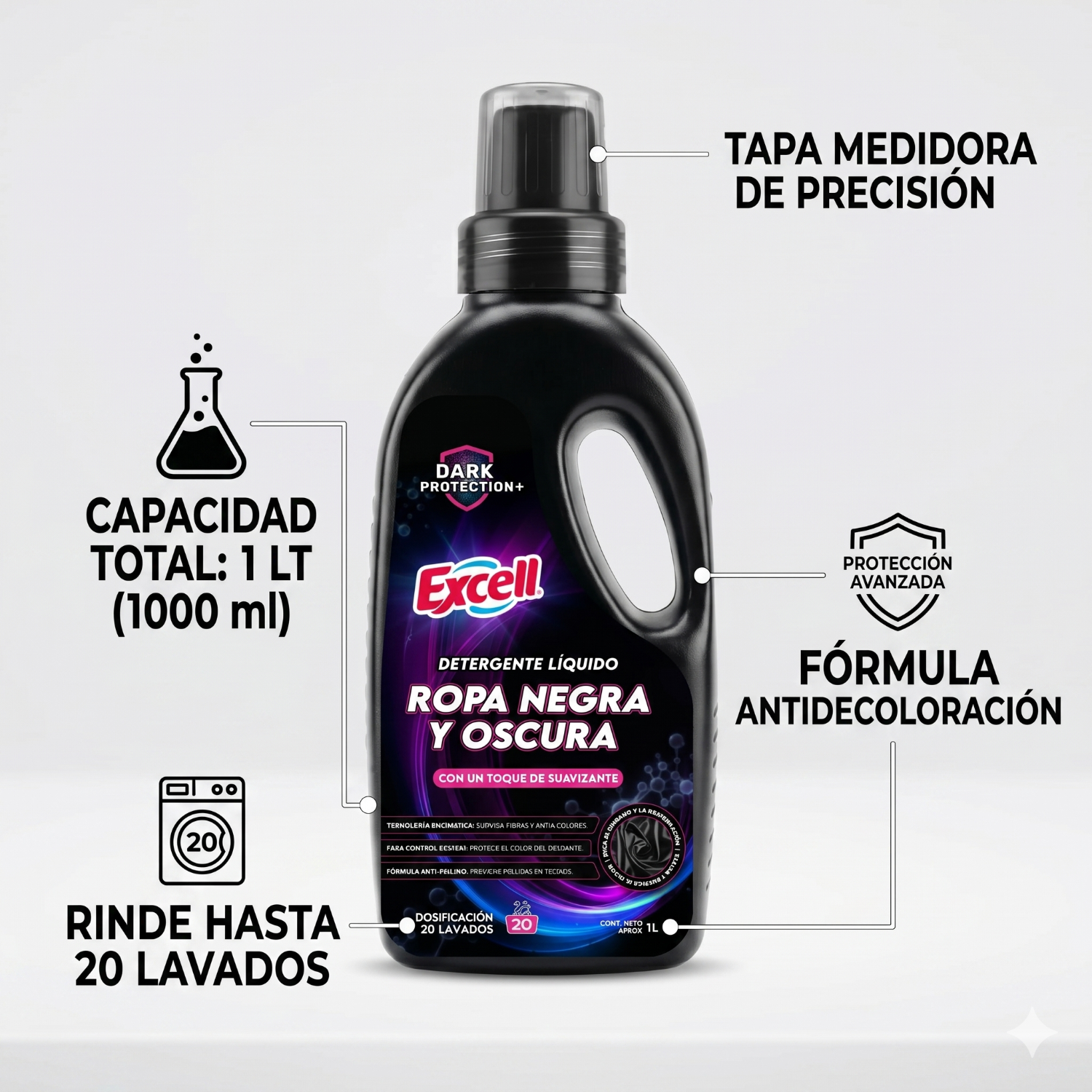 Detergente Liquido Ropa Negra Oscura Excell 1L 20 Lav-3