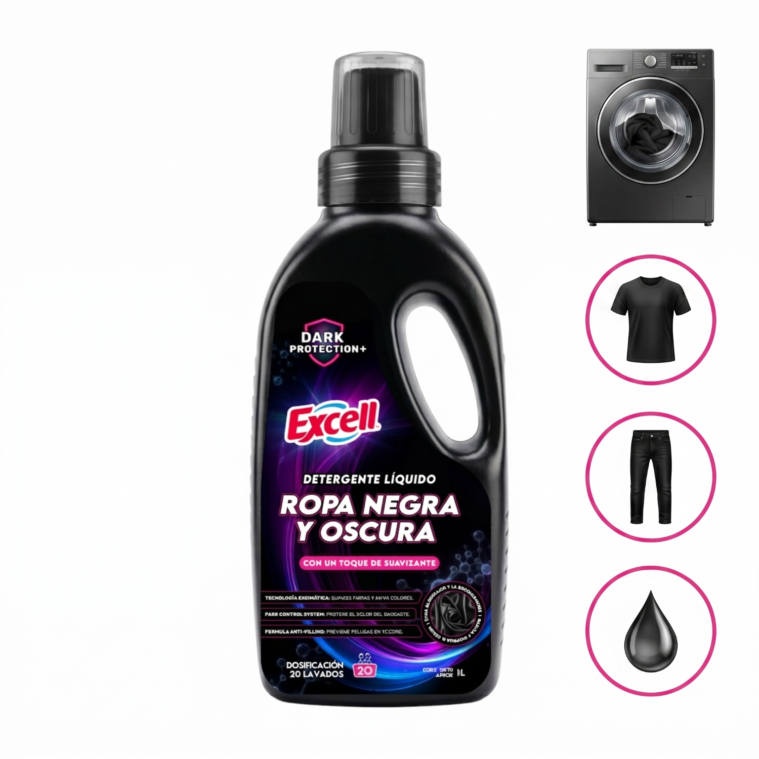 Detergente Liquido Ropa Negra Oscura Excell 1L 20 Lav-4