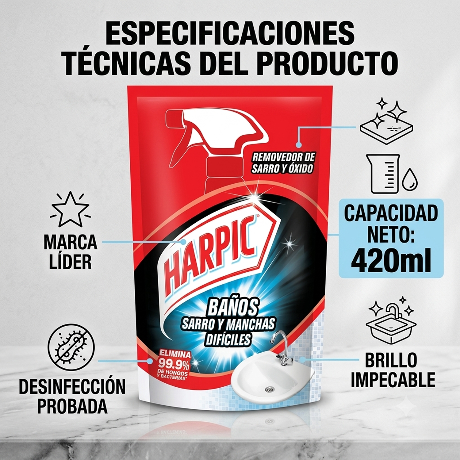Recarga Harpic Baño Sarro y Manchas Difíciles 420ml-2