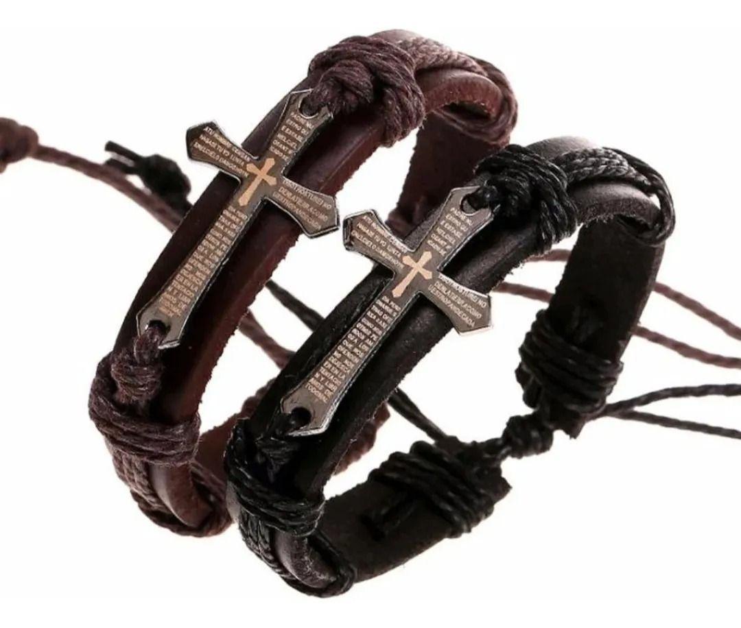 Pulsera De Cuero Cruz Vintage Padre Nuestro Hombre Y Mujer-2