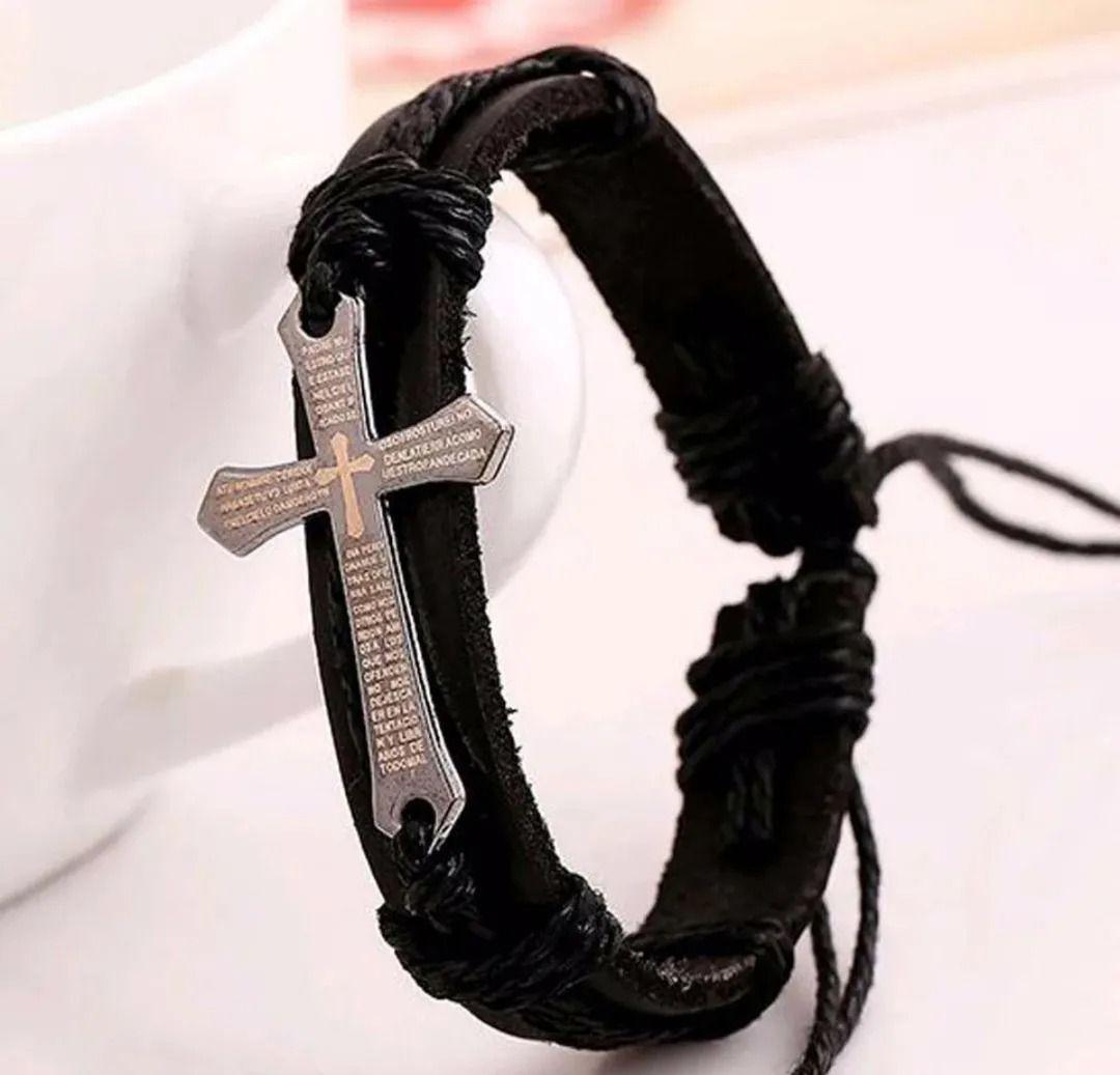 Pulsera De Cuero Cruz Vintage Padre Nuestro Hombre Y Mujer-3