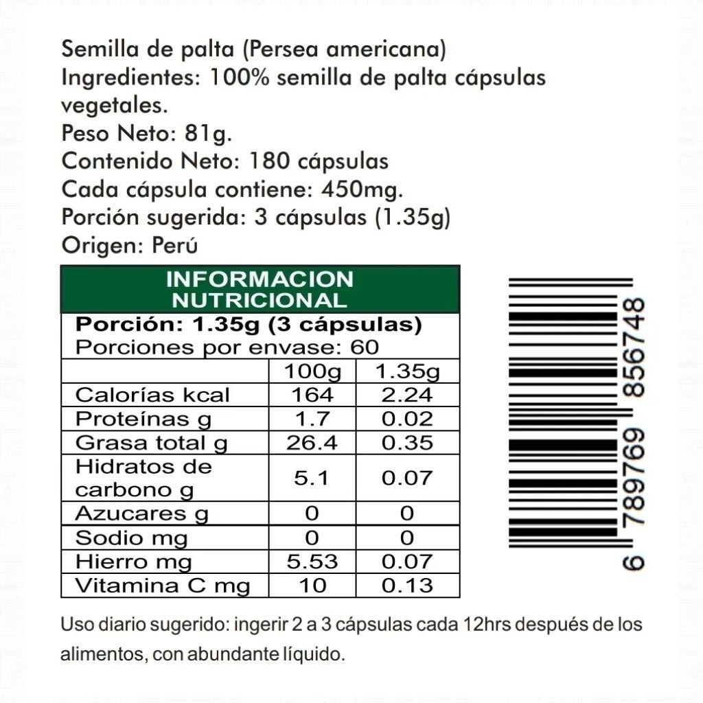 Semilla de palta 180 cápsulas vegetales 450mg Defensas Saciedad-1
