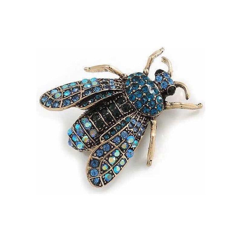 Broche Prendedor Mosca Azulina Cristal Elegante Vintage Azul Petróleo-2