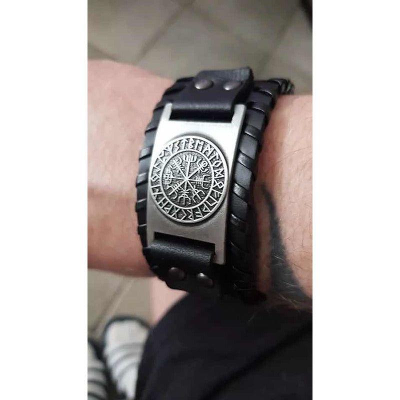 Pulsera Cuero Negro Vikingo Vegvisir Hombre Mujer Top Moda 0 Cm 50.8 Cm-1