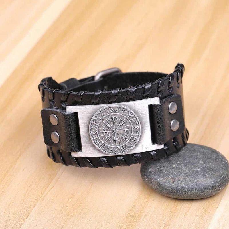 Pulsera Cuero Negro Vikingo Vegvisir Hombre Mujer Top Moda 0 Cm 50.8 Cm-2