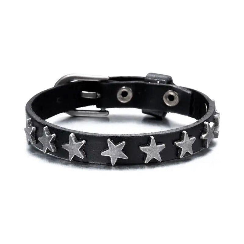Pulsera Eco Modelo Huasa Estrella, Brazalete Cuero Vegano Negro 20 Cm-2
