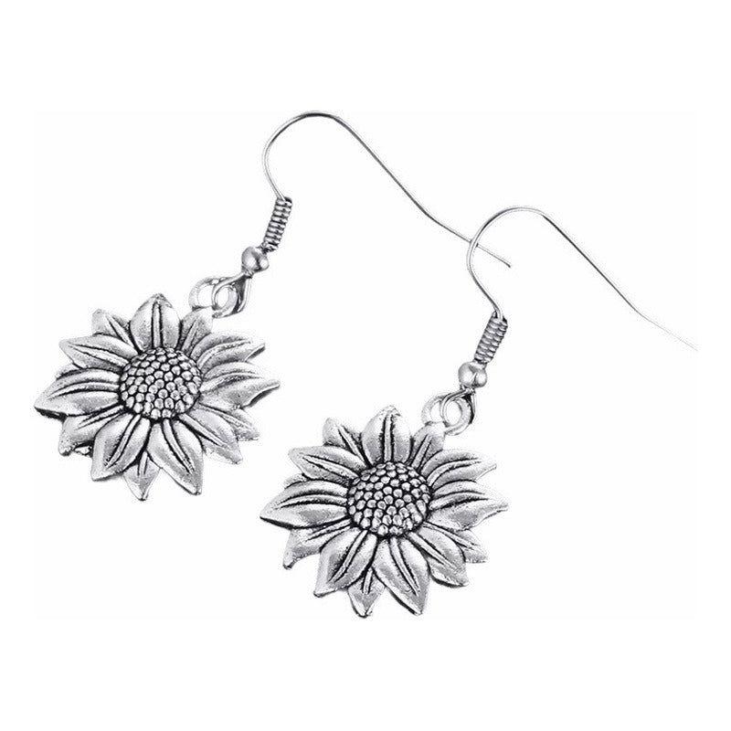 Aros Plateados Forma Girasol - Pendientes Femenino De Flor - Plateado-2