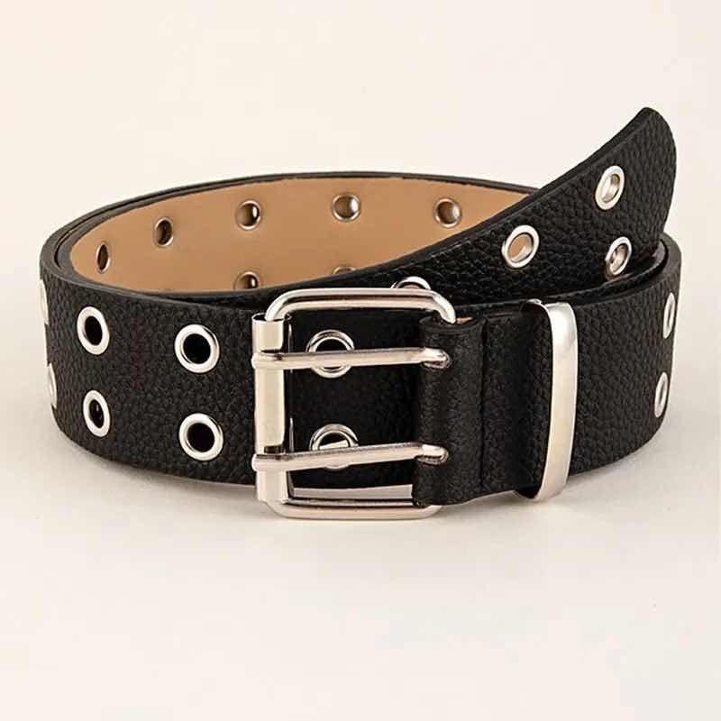 Cinturón Femenino Rockero Doble Fila De Ojos Metal Negro Geométrico 105-2