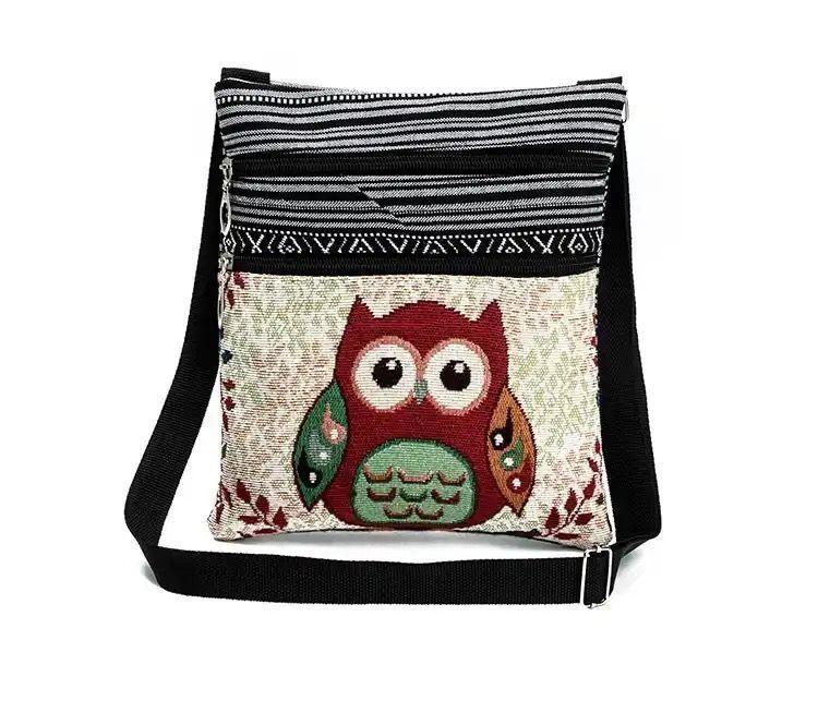 Bandolera Femenina, Cartera De Lona Diseño Bordado  La Bandolera Femenina Modelo Búho -2