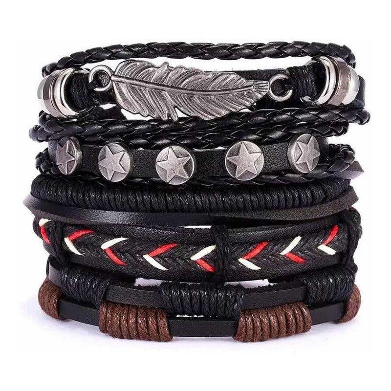 Pulsera Brazalete Hombre Cuero Elegante Pluma Hoja Trenzado 1 Cm-2