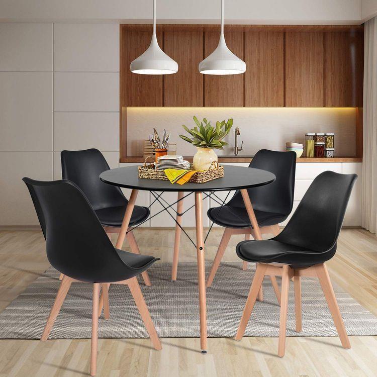 Comedor Redondo Negro de 80cm + 4 Sillas Acolchadas Negro-2