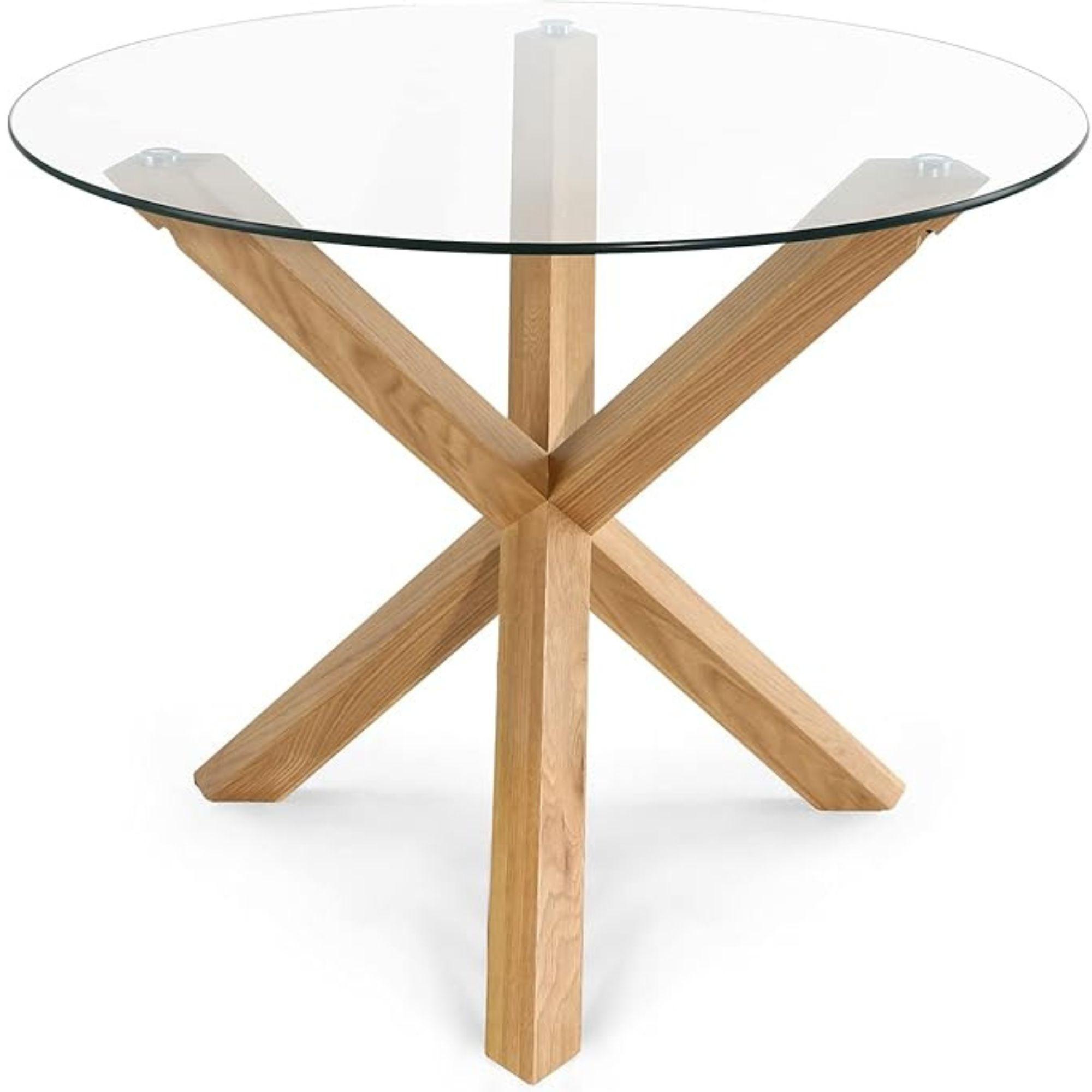 Mesa Redonda de Vidrio Natura 120cm de Diámetro (Base de Madera Solida)-3